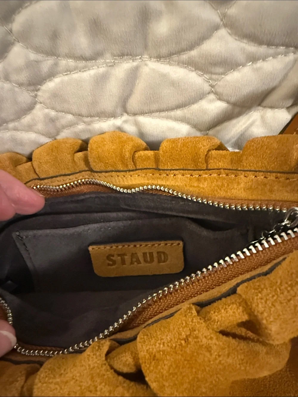 Staud Ruched Suede Bag in Caramel. A shoulder bag, handbag or a clutch.